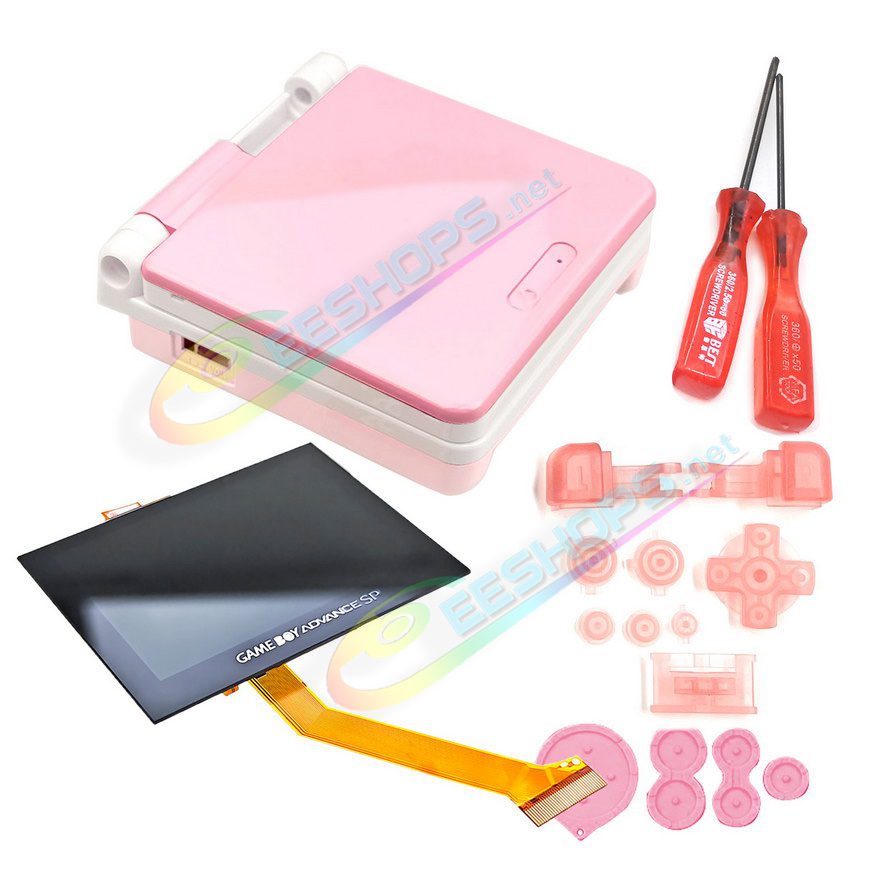 Customized Nintendo GameBoy Advance SP Extra Housing Case Glossy Pink & White + IPS Screen Mod Kit Replacement, Best GBA SP Handheld Game Console, Girls' Colors Mixing High Quality Shells Enclosure + V4 Lamination Display + Buttons Set Free Shipping