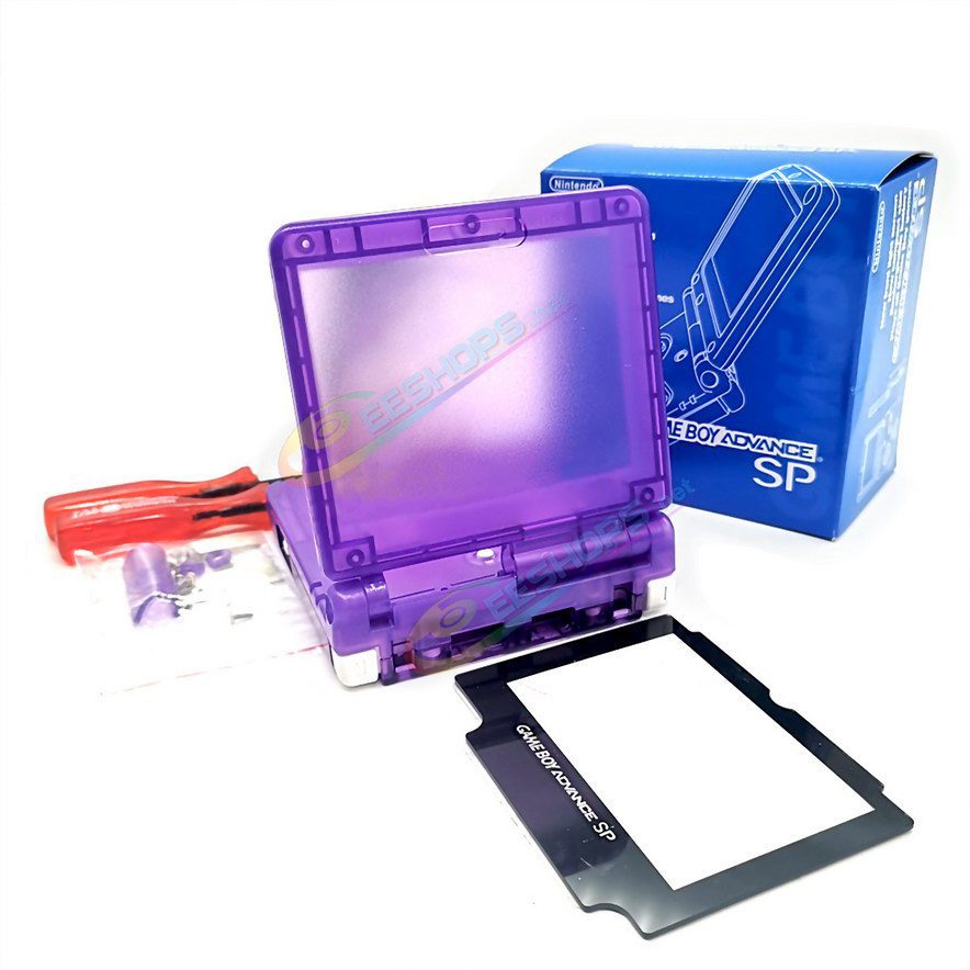  Cheap Nintendo GameBoy SP Extra Housing Case Shell Clear Purple + Collection Storage Box Replacement, Best Game Boy GBP Console, Custom DIY Outer Enclosure + Screen Cover, Screws, White Buttons, Luminous Pad / Plug, Sticker, Tools Free Shipping 