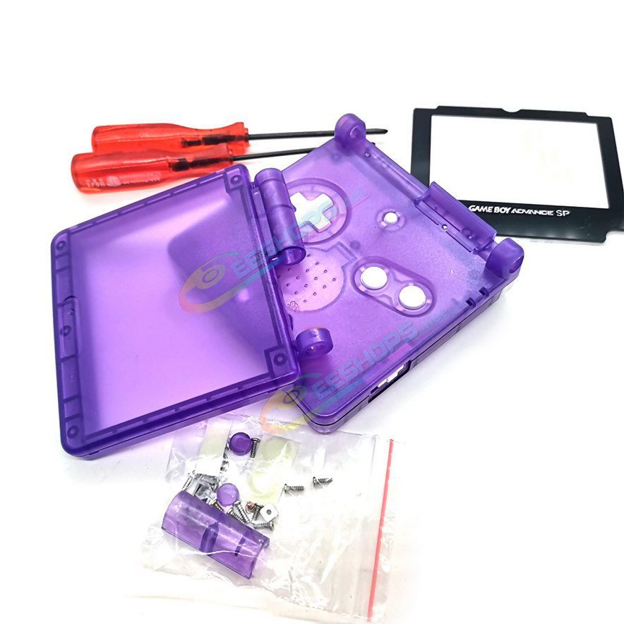  Cheap Nintendo GameBoy SP Extra Housing Case Shell Clear Purple + Collection Storage Box Replacement, Best Game Boy GBP Console, Custom DIY Outer Enclosure + Screen Cover, Screws, White Buttons, Luminous Pad / Plug, Sticker, Tools Free Shipping 