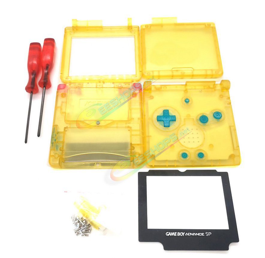  Cheap Nintendo GameBoy SP Extra Shell Housing Case Clear Yellow + Collection Storage Box Replacement, Best Game Boy GBP Console, Custom DIY Outer Enclosure + Screen Cover, Screws, Green Buttons, Luminous Pad / Plug, Sticker, Tools Free Shipping 