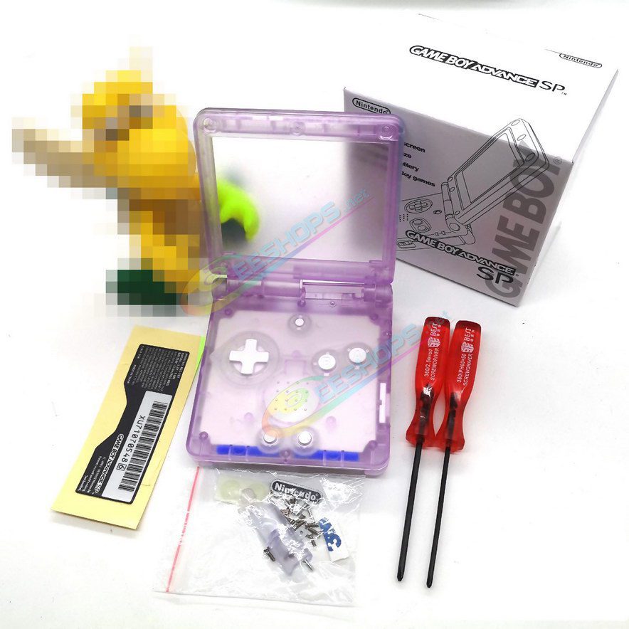  Cheap Nintendo GameBoy Advance SP Clear Purple Housing Shells + Collection Box Full Set Replacement, Best Game Boy GBA SP Console, Transparent Outer Enclosure, Storage Case, Screen Cover, Buttons, Screws, Luminous Pads / Plugs, Tools Free Shipping 