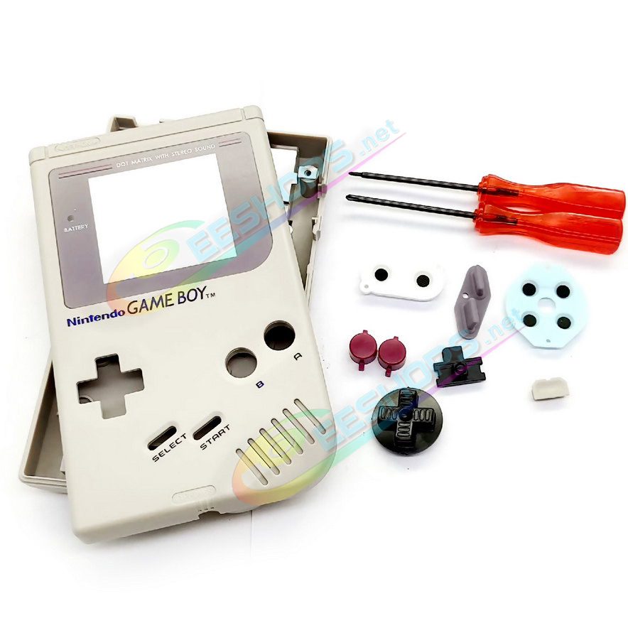 Cheap Nintendo GameBoy Extra Housing Case Shells Full Set Official Classic Grey Color Replacement, Best Game Boy DMG-01 Original Fat Handheld Console, DIY Outer Enclosure + Protective Screen Cover + Buttons + Rubber Pads + Repair Tool Free Shipping