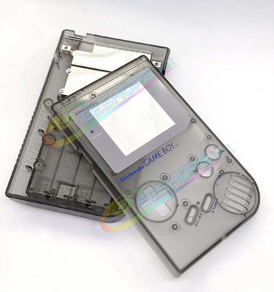 Cheap Nintendo GameBoy Extra Housing Case Shells Full Set Clear Black Replacement, Best Game Boy DMG-01 Original Fat 1ST Gen Handheld Console, DIY Transparent Outer Enclosure + Protective Screen Cover + Buttons + Rubber Pads + Tool Free Shipping