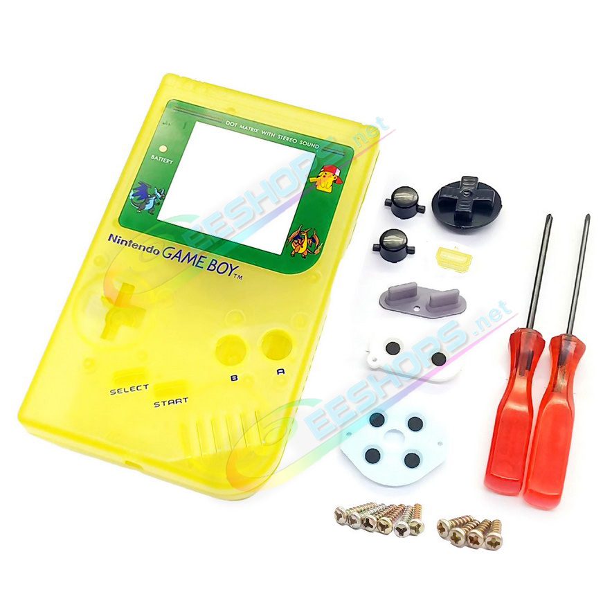 Best Nintendo GameBoy Extra Housing Case Shell Replacement Luminous Clear Yellow Pokemon Limited Edition, Cheap Game Boy DMG-01 Fat Handheld Console, Outer Enclosure + Pikachu Screen Cover, Buttons, Screws, Pads, Sticker, Tool Full Set Free Shipping