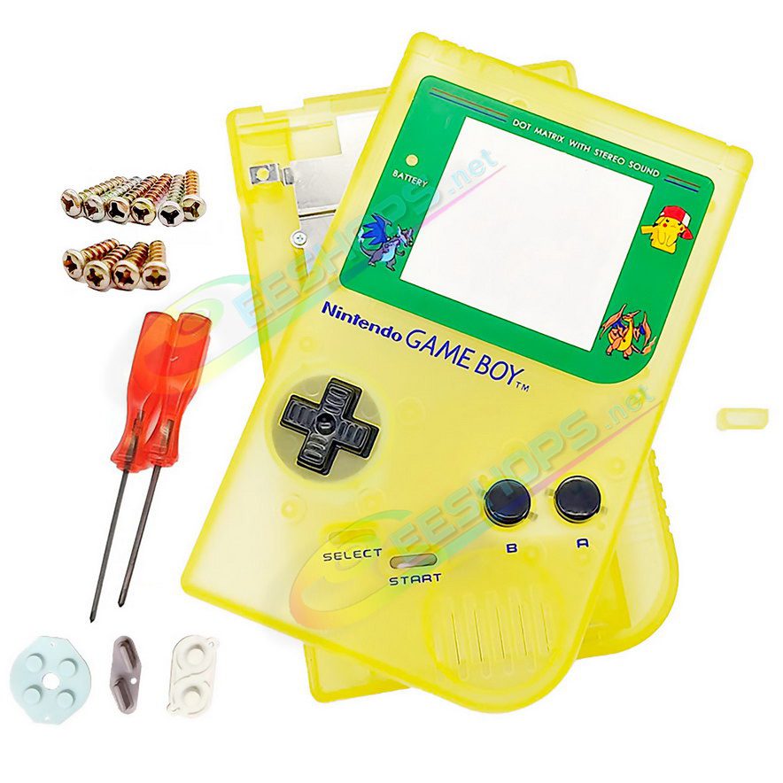 Best Nintendo GameBoy Extra Housing Case Shell Replacement Luminous Clear Yellow Pokemon Limited Edition, Cheap Game Boy DMG-01 Fat Handheld Console, Outer Enclosure + Pikachu Screen Cover, Buttons, Screws, Pads, Sticker, Tool Full Set Free Shipping