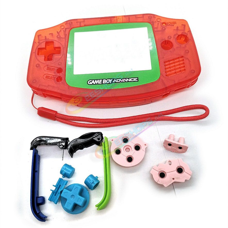  Cheap Nintendo GameBoy Advance Clear Red Housing Shells + Green Screen Cover Replacement, Best Game Boy GBA Handheld Console Custom Outer Case Enclosure, Wrist Hand Strap, Blue Buttons, Conductive Pads, Special Stickers, Screwdrivers Free Shipping 