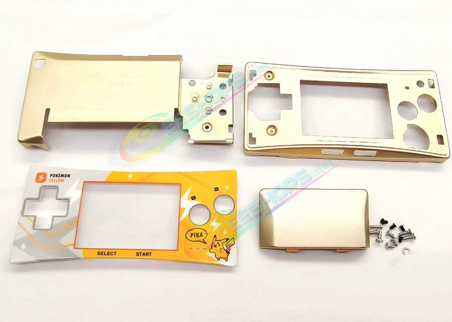  Cheap Nintendo GameBoy Micro Extra Housing Case Gold Pokemon Yellow Limited Faceplate Replacement, Best GBM Handheld Console Customized Pikachu Edition Outer Enclosure Top / Bottom / Battery Cover Plates + Screws Accessories Free Shipping 