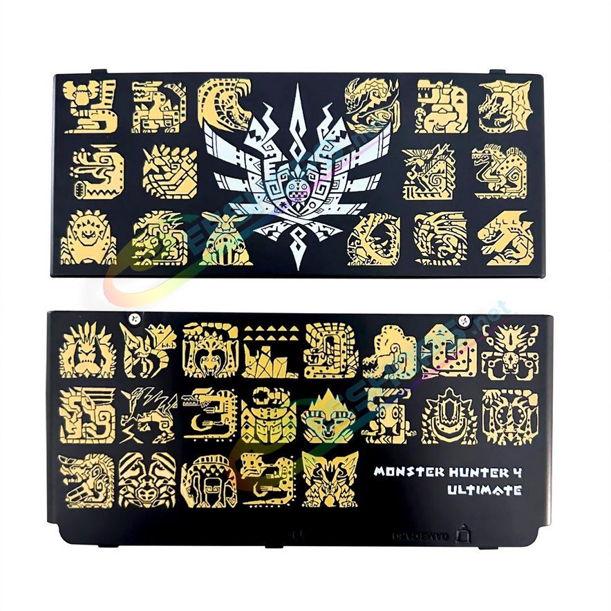 Best Nintendo New 3DS Extra Shells Replacement Cover Plates Monster Hunter 4 Ultimate Limited Edtion, Cheap New3DS Small Handheld Game Console, Black Backplate Gold Monsters Manual Logos Outer Top / Bottom Faceplate Coverplate 2 PCS Set Free Shipping