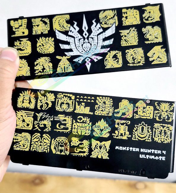 Best Nintendo New 3DS Extra Shells Replacement Cover Plates Monster Hunter 4 Ultimate Limited Edtion, Cheap New3DS Small Handheld Game Console, Black Backplate Gold Monsters Manual Logos Outer Top / Bottom Faceplate Coverplate 2 PCS Set Free Shipping