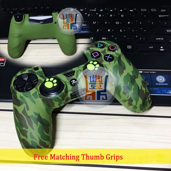 New Silicone Skin Protector Case Rubber Cover for Sony Playstation 4 PS4 Wireless DualShock 4 Game Controller Green Camouflage Pattern + Free Thumb Grips