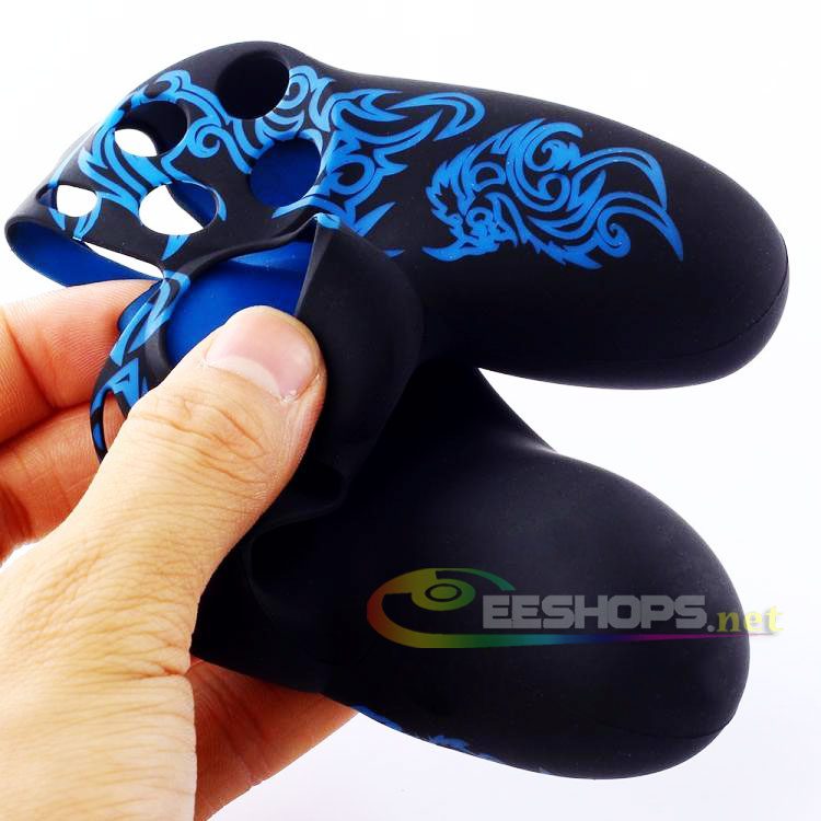 New Silicone Skin Protector Case Protective Sleeve Cover for Sony Playstation 4 PS4 DualShock 4 Wireless Controller Chinese Dragon Blue Pattern + One Piece Thumb Grips