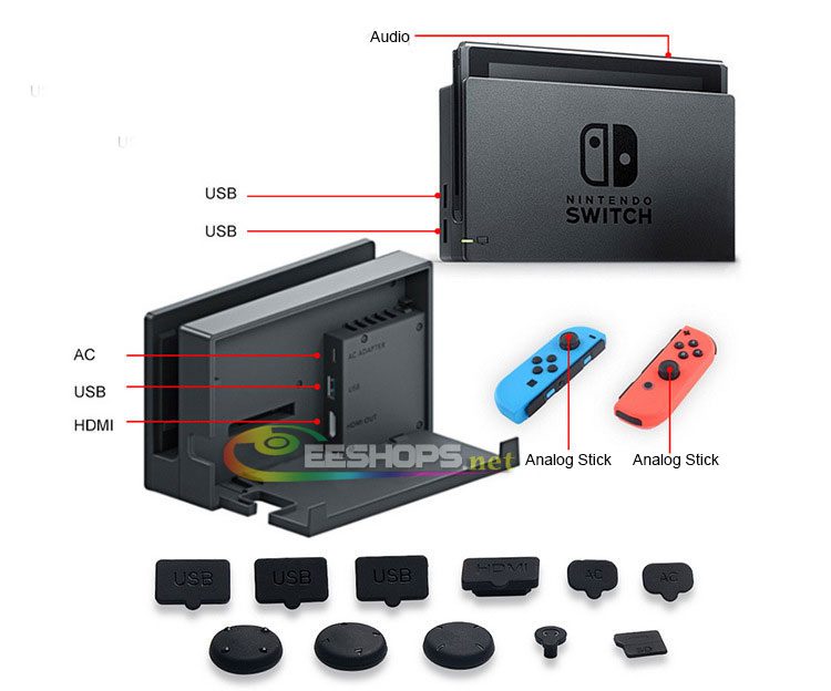 New for Nintendo Switch NS Game Console Dust Rubber Plugs + Joy-Con Controllers Silicone Case Skin Protective Sleeve Cover Set Replacement Parts Free Shipping