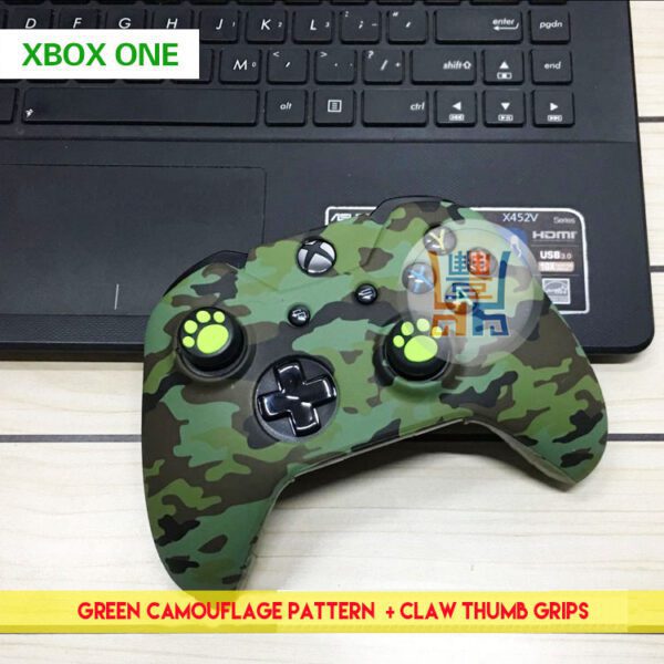 New Silicone Skin Protector Case Rubber Protective Cover Armor for Microsoft Xbox One Wireless Game Controller Green Camouflage Pattern + Free Claw Thumb Grips