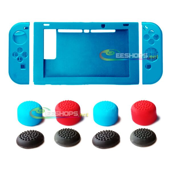 New Silicone Skin Protector Case Sleeve Cover + Thumb Grips Cap for Nintendo Switch Console & Joy-Con Controllers Full Set Blue Replacement Parts