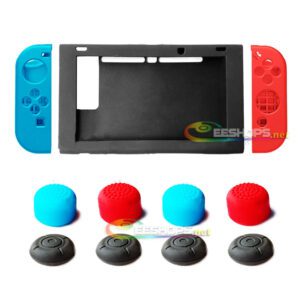 New Silicone Skin Protector Case Sleeve Cover + Thumb Grips Cap for Nintendo Switch Console & Joy-Con Controllers Full Set Blue & Red Replacement Parts