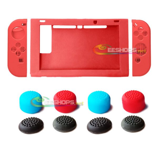 New Silicone Skin Protector Case Sleeve Cover + Thumb Grips Cap for Nintendo Switch Console & Joy-Con Controllers Full Set Red Replacement Parts