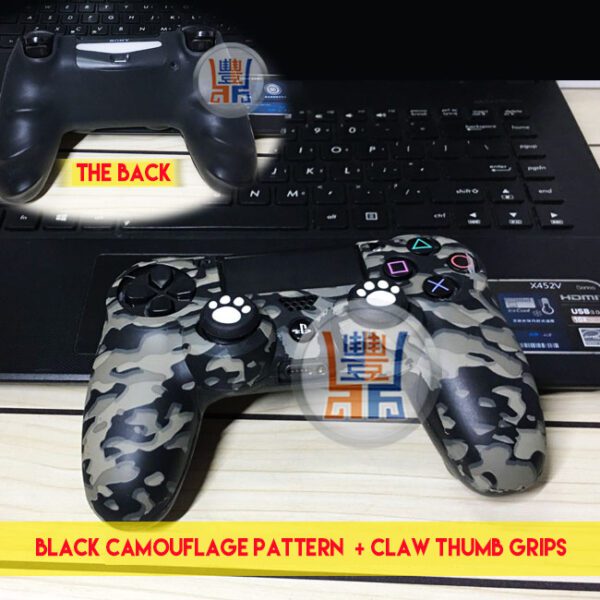 New Anti-Slip Silicone Skin Protector Case Protective Sleeve for Sony Playstation 4 PS4 DualShock 4 Wireless Controllers Black Camouflage Pattern + Claw Thumb Grips