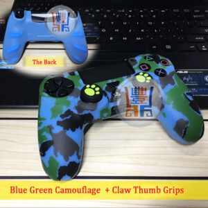 New Silicon Skin Protector Case Rubber Cover Sleeve for Sony Playstation 4 PS4 Wireless Controller Blue Green Camouflage Pattern + Claw Thumb Grips